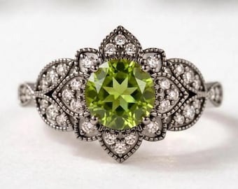 925 Sterling Silver Peridot Moissanite Ring, Black Rhodium Vintage Floral Ring, Art Deco Engagement Promise Statement Ring