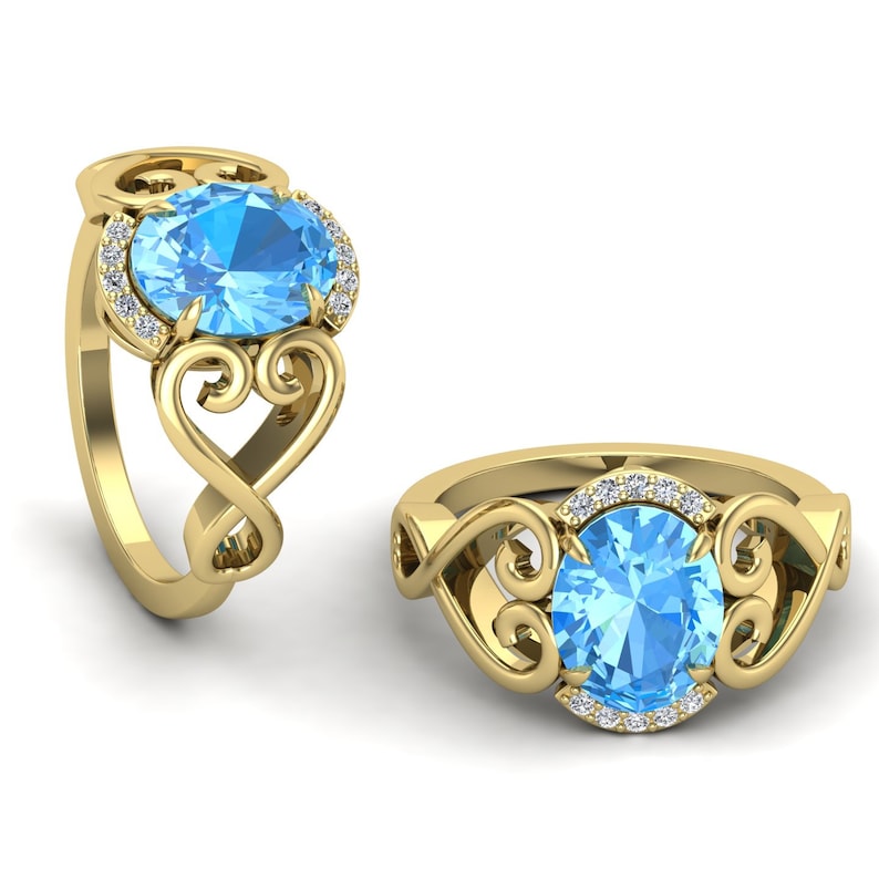 Vintage Art deco Ring For Her Split Shank Ring Ring For Love 3.20ct Natural Sky Blue Topaz Gemstone Wedding Ring Bridal Moissanite Ring