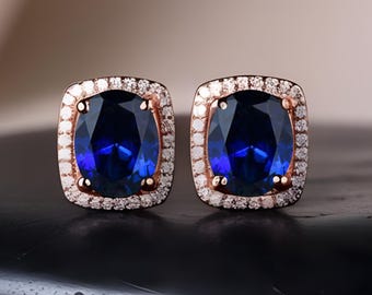 Pendientes de botón con halo de zafiro azul - Talla ovalada, plata y oro rosa