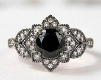 925 Sterling Silver Black Onyx Moissanite Ring, Black Rhodium Vintage Floral Ring, Art Deco Engagement Promise Statement Ring