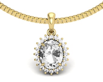 May include: A gold chain necklace with a pendant featuring a large oval-shaped clear gemstone surrounded by a halo of smaller clear gemstones.