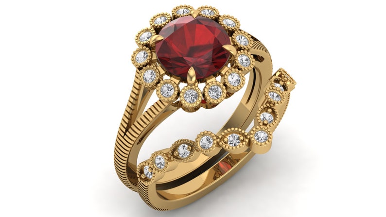2.40ct AAA Natural Red Garnet /& Moissanite in 14K Yellow Gold Plated Engagement Ring Vintage Art Deco Antique Flower Ring for Women Gift
