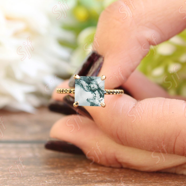 1,95 ct, natuurlijke AAA Moss Agate edelsteen trouwring, vierkante vorm Agaat stenen ring, vintage Art deco Spinal Ring 14K gouden verlovingsring afbeelding 2