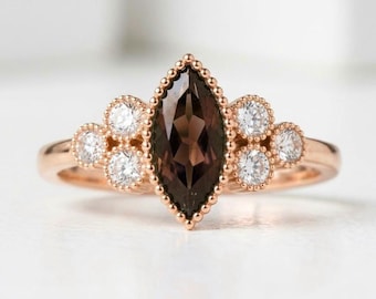 Smoky Quartz Moissanite Ring, 925 Sterling Silver Rose Gold Ring, Engagement Wedding Statement Ring, Promise Ring Bride's Maid Ring