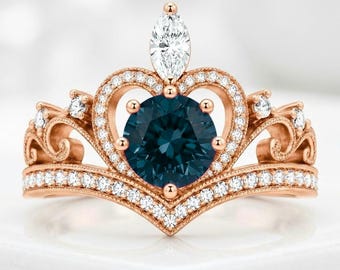 London Blue Topaz Moissanite Ring, 925 Sterling Silver Rose Gold Ring Statement Engagement Crown Ring Birthday Anniversary Gift For Her Love