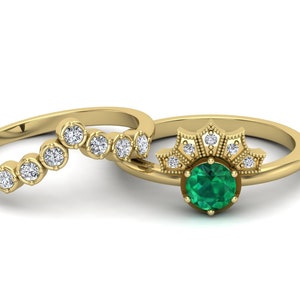 Emerald Wedding Ring Set For Women, Art deco Ring Set, Bridal Moissanite Ring Set, 14K Yellow Gold Plated Solitaire Ring Set, Gift For Her