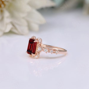 Natural Red Garnet Gemstone Engagement Ring, Art deco Bridal Moissanite Ring, Octagon Ring, Red Stone Ring, Gift For Valentine Day image 3