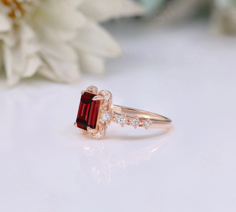 Natural Red Garnet Gemstone Engagement Ring, Art deco Bridal Moissanite Ring, Octagon Ring, Red Stone Ring, Gift For Valentine Day image 3