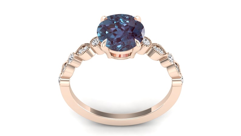 2.35ct AAA Lab Created Alexandrite & Moissanite Round Shape in 14k Rose Gold Plated Engagement Ring, Vintage Art Deco Bridal Solitaire Ring image 3