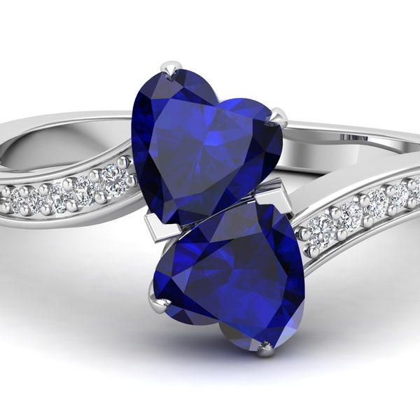 Blue Sapphire Gemstone Engagement Ring, Vintage Art deco Moissanite Ring, Double Stone Ring, Heart Shape Ring, Valentine Ring, Gift For Love