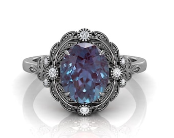 Vintage Engagement Ring: Color Change Alexandrite Oval, Black Rhodium