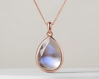 Fire Moonstone Pendant: Pear Gemstone Necklace (18 Inch Rose Gold Chain)