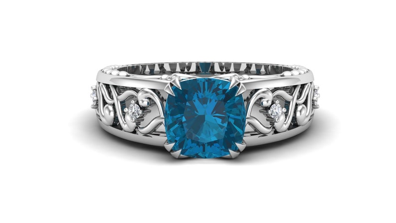 Vintage Art deco Filigree Ring Bridal Moissanite Ring Natural London Blue Topaz Gemstone Wedding Ring Cushion Ring Gift For Anniversary