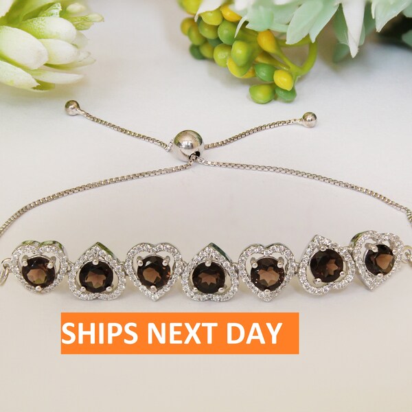 Round 5mm Natural Smokey Quartz Slider Bracelet With Bolo Lock, 925 Silver Ready To ship Bracelet, Next day Shipping, Handmade Jewelry