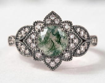 925 Sterling Silver Moss Agate Moissanite Ring, Black Rhodium Vintage Floral Ring, Art Deco Engagement Promise Statement Ring
