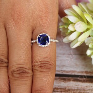 2.32 ct Lab Created AAA Blue Sapphire Bridal Ring Moissanite in Rhodium Plated Wedding Ring Unique Micro Set Art deco Ring for Anniversary image 2