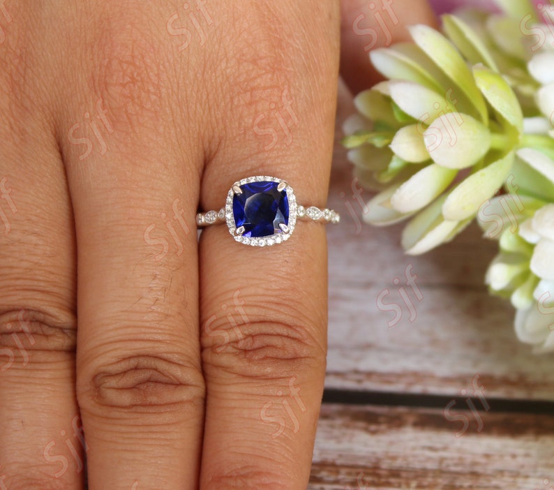 2.32 ct Lab Created AAA Blue Sapphire Bridal Ring Moissanite in Rhodium Plated Wedding Ring Unique Micro Set Art deco Ring for Anniversary image 2