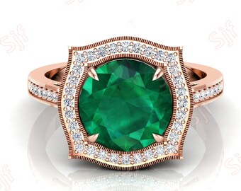 5.90Ct Round Shaped Emerald Wedding Ring, Vintage Art Deco Halo Proposal Ring, May Birthstone For Wife, Women's Jewelry, Anniversary Gift
