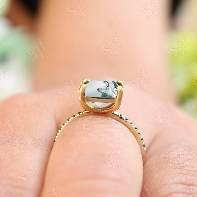 1,95 ct, natuurlijke AAA Moss Agate edelsteen trouwring, vierkante vorm Agaat stenen ring, vintage Art deco Spinal Ring 14K gouden verlovingsring afbeelding 4