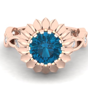 2.35 Cts. London Blue Topaz Wedding Bridal Ring, Moissanite Ring, Vintage Art Deco Ring, Floral ring, flower Ring, Leaf Ring, Gift For Women