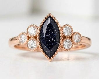 ABlue Sandstone Moissanite Ring, 925 Sterling Silver Rose Gold Ring, Engagement Wedding Statement Ring, Promise Ring Bride's Maid Ring
