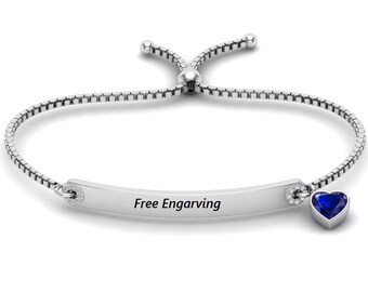 Heart-Shaped Blue Sapphire Bracelet: Adjustable Slider (Sterling Silver)