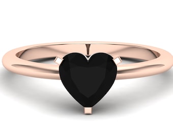 1.63ct Natural Black Onyx Heart Shape Stone in 14K Rose Gold Plated Engagement Ring, Antique Heart black Stone Ring, Gift for Wife Birthday