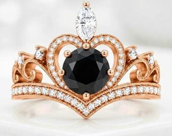 Black Onyx Moissanite Ring, 925 Sterling Silver Rose Gold Ring, Statement Ring Engagement Crown Ring, Birthday Anniversary Gift For Her Love