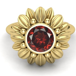 2.50ct,AAA Natural Red Garnet Wedding Ring, Vintage Art deco Sunflower Ring, Red Stone Ring, Round Stone Ring, Floral Ring, Gift For Love
