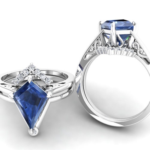 Shops 1.95cts Blue Sapphire Gemstone Engagement Ring Set, kite Shape Ring Set For Her, Vintage Art deco Bridal Moissanite Ring Set, Gift For Love.