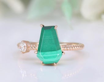 Coffin Shape Natural Malachite Gemstone Engagement Ring 14K Rose Gold 925 Silver Ring Dainty Ring Promise Ring Statement Ring Birthday Gift
