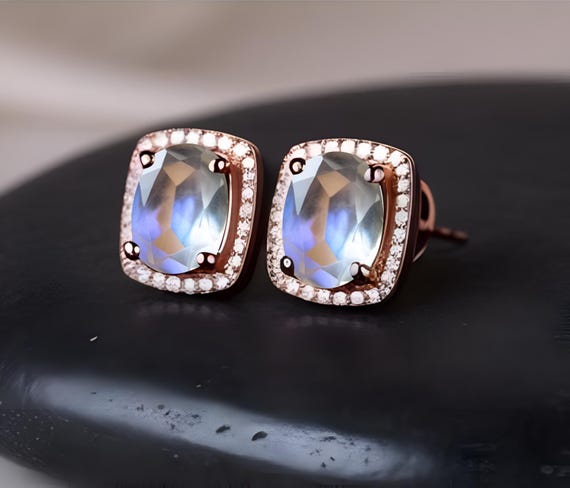 Oval Moonstone Halo Stud Earrings 925 Silver 14K Rose Gold