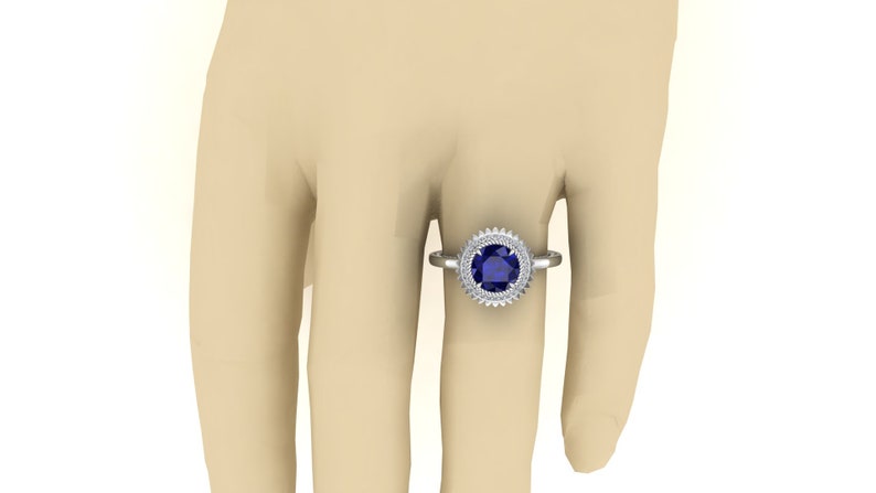 Flower Floral Ring Antique Vintage Art deco Round Blue Stone Ring Moissanite Ring 2.25cts Blue Sapphire Engagement Bridal Ring For Women