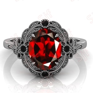 2 ct Oval Red Garnet Ring, wedding Vintage Art deco Floral Ring For Her, rose flower Ring jewelry. black gold ring  , Gift for wife birthday