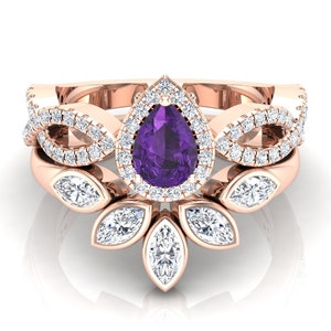 Natural Amethyst Wedding Ring Set, Beautiful 2Pcs Bridal Ring Set, Purple Stone Ring Set, Alternative Ring Set, Cocktail Ring Set For Women.