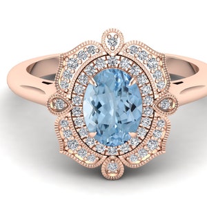 Aquamarine Ring, Moissanite Halo, 14K Rose Gold Plated Sterling Silver