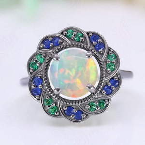 Runde 8.00 Natürliche Äthiopische Opal 925 Silber Schwarz Rhodium überzogene Hochzeit Brautring Art-Deco-Brautring Schwarzes Rhodium-Verlobung Hochzeit