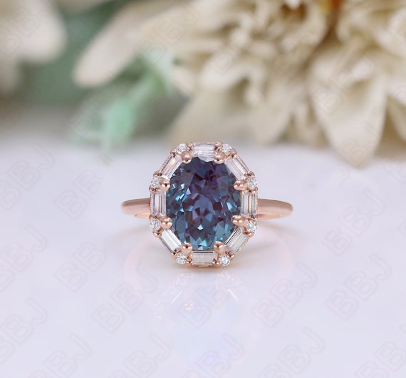 Alexandrite Oval Engagement Ring, Halo Style (10x8mm, Rose Gold)