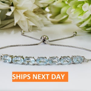Oval 6x4mm Natural Aquamarine Slider Bracelet With Bolo Lock, 925 Silver Ready To ship Bracelet, Next day Shipping, Handmade Jewelry For Her