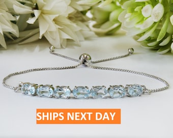Aquamarine Bracelet: Adjustable Sterling Silver Slider with Moissanite