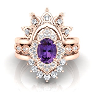 Vintage Art deco Oval 8x6mm Natural Amethyst Engagement Ring Set, Beautiful 3PCS Wedding Ring Set For Bride, Gift For Her, Floral Ring Set..