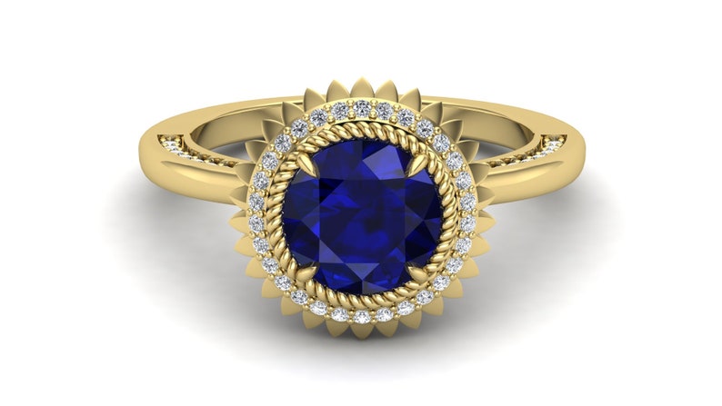 Flower Floral Ring Antique Vintage Art deco Round Blue Stone Ring Moissanite Ring 2.25cts Blue Sapphire Engagement Bridal Ring For Women