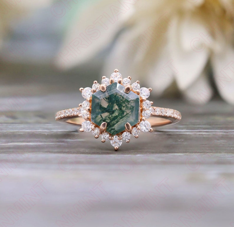 Hexagon Natural Moss Agate Gemstone 14K Rose Gold Plated 925 Silver Ready To Ship Engagement Ring Statement Promise Halo Gift For Her image 1