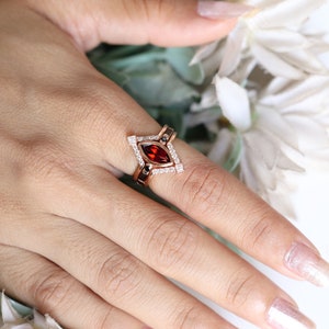 Marquise Red Garnet Gemstone Wedding Ring Set For Bride Art deco Red Garnet Ring Set Wedding Ring Set 14K Gold Garnet Rings 925 Silver Rings image 5