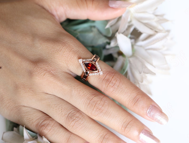 Marquise Red Garnet Gemstone Wedding Ring Set For Bride Art deco Red Garnet Ring Set Wedding Ring Set 14K Gold Garnet Rings 925 Silver Rings image 5