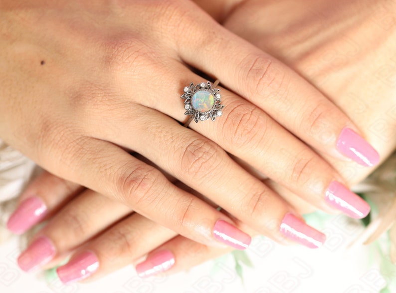 Round 8.00 Natural Ethiopian Opal Wedding Bridal Ring Art deco Bridal Ring Black Rhodium Engagement Wedding Black Gold Metal Ring For Her image 5