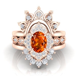 1.10cts Natural Citrine Engagement Ring Set, Beautiful 3PCS Wedding Ring Set For Bride, Gift For Women, Vintage Art deco Floral Ring Set..