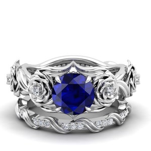 2.30Cts Blue Sapphire Gemstone Wedding Ring Set, Vintage Art deco Bridal Moissanite Ring Set, Flower Floral Ring Set, Nature Inspired Ring