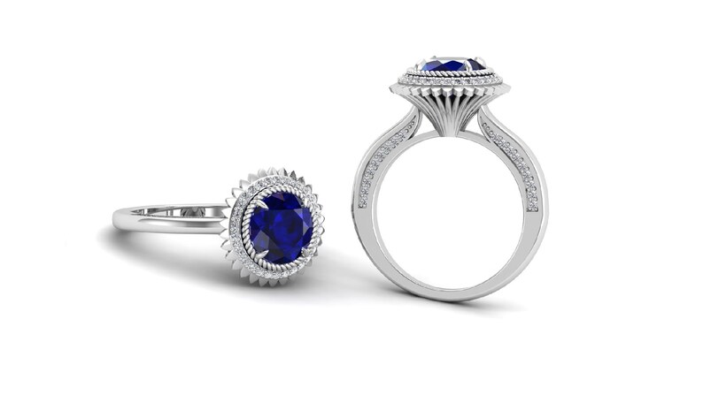 Flower Floral Ring Antique Vintage Art deco Round Blue Stone Ring Moissanite Ring 2.25cts Blue Sapphire Engagement Bridal Ring For Women