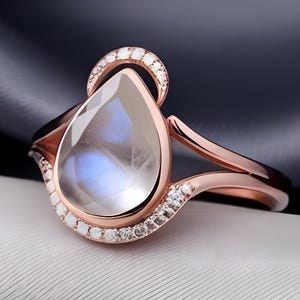 Pear Fire Moonstone Ring 925 Silver 14K Rose Gold Art Deco Ring Engagement Ring Wedding Ring Promise Ring Anniversary Gift Birthday Gift